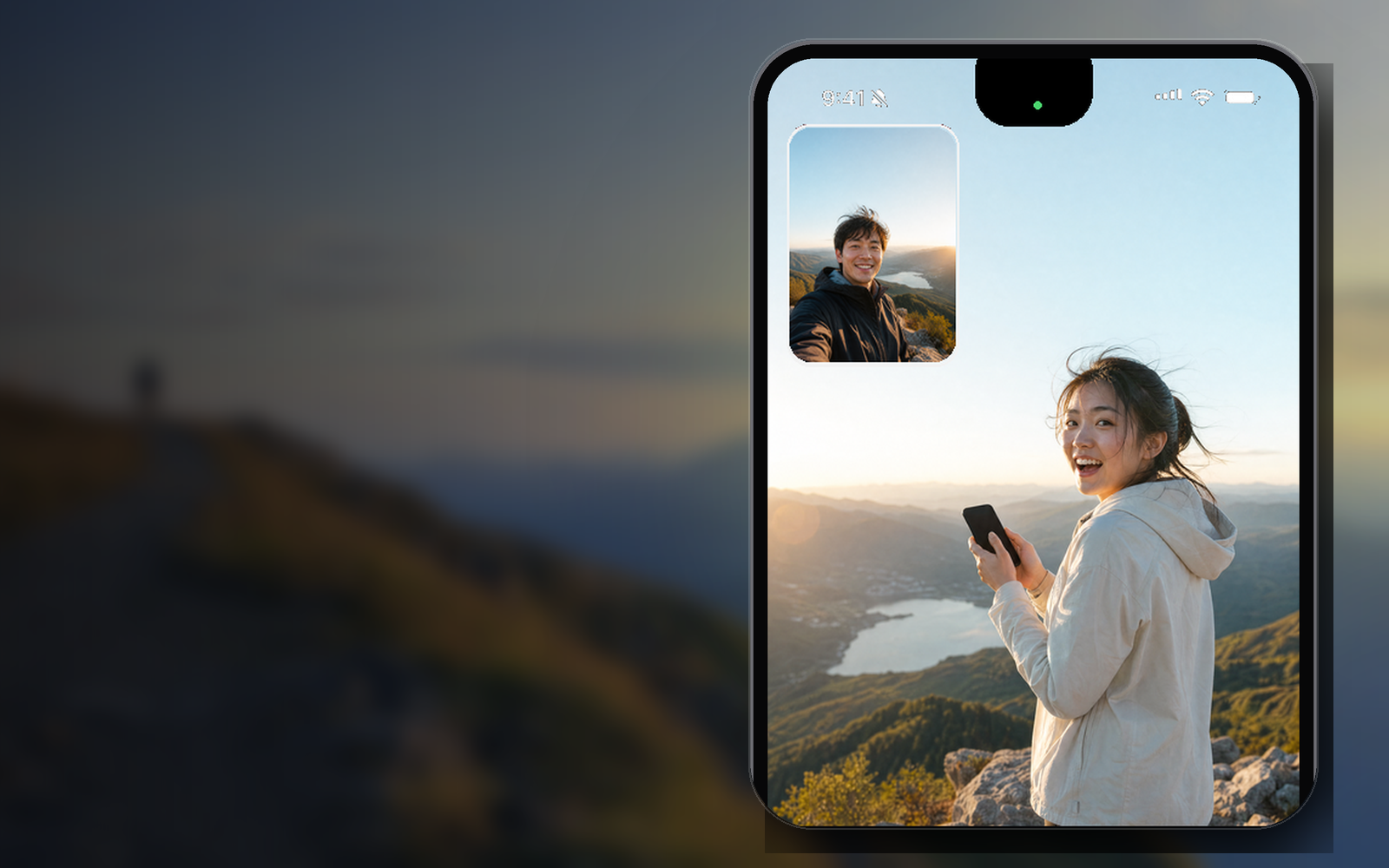 Traveler using Bothie to capture a mountain view and their reaction